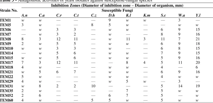 Table 3 - Antagonistic activities of yeast isolates against susceptible-fungal species  Strain No