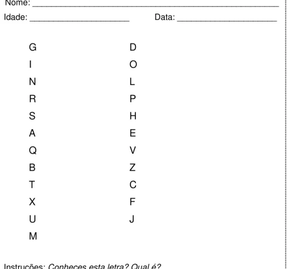 Figura IV.1 – Exemplo da folha usada no Teste de conhecimento das letras 