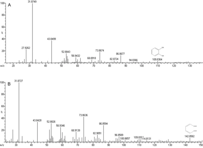 Figure 3. A) Mass spectrum of catechol (m/z identification – 109.82) and B) Mass spectrum of muconic acid (m/z  identification – 142.85)