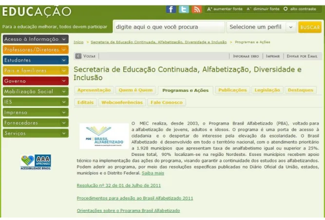 Figura 1 – Ministério da Educação: Brasil Alfabetizado, página inicial 