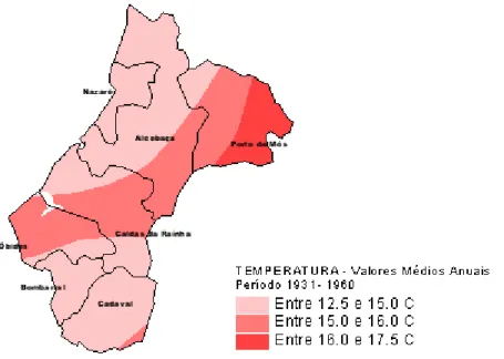 Figura 4 – Carta meteorológica – temperatura média – da área geográfica da IGP “Ginja de Óbidos e Alcobaça” (S