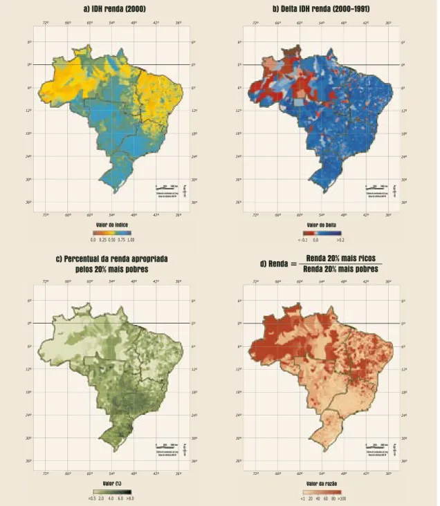 Figura 2. Valor do IDH-renda nos municípios brasileiros em a) 2000 e em b) sua variação entre 1990  e 2000