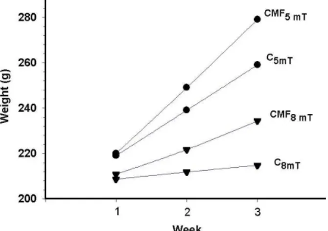 Figure  1-  The  body  weights  of  rats  exposed  to  5mT  and  8mT  intensity  magnetic  field  in  experimental (CMF 5mT , CMF 8mT  and control groups (C 5mT , C 8mT ) during experimental  period  (mean ±SEM) 