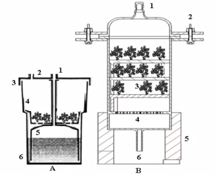 Figure 1 - Schematic design of the bioreactos. Fig. A: (1): Air entrance; (2): Air exit; (3): Fixing  cap; (4): Growth chamber; (5): Internal base; (6): Base
