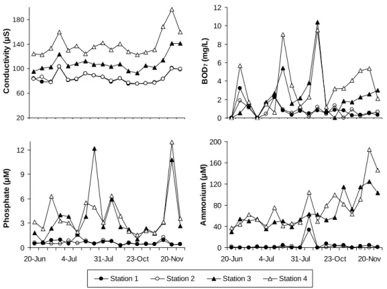 Figure 2 - Concentrations of some water quality indicators in Vieira creek at the four sampling points