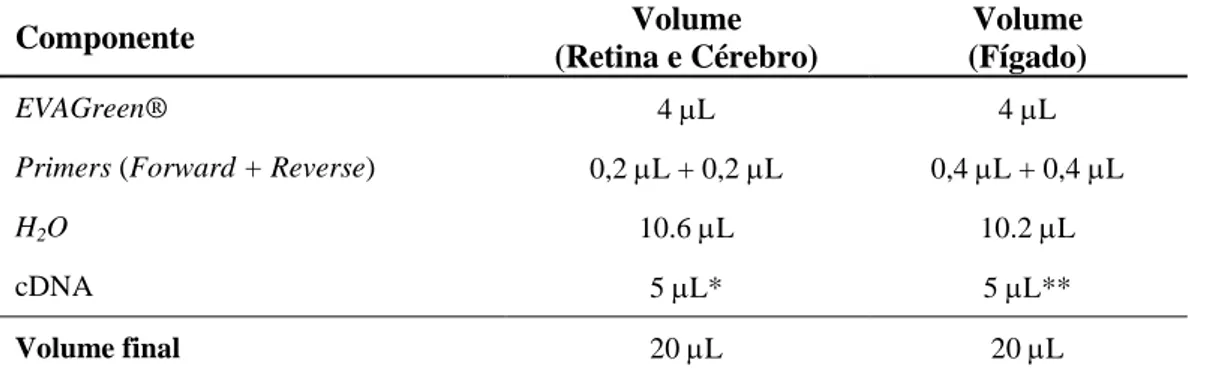 Tabela 4 – Reagentes e quantidades necessárias, por amostra, para a reação de qRT-PCR  com EVAGreen®  Componente  Volume  (Retina e Cérebro)  Volume  (Fígado)  EVAGreen®  4 L  4 L 