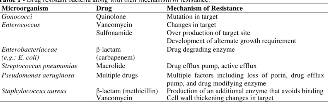 Table 1 - Drug resistant bacteria along with their mechanism of resistance. 