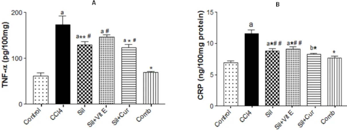 Figure 1 -  Effect of silymarin alone or in a combination with Vit E and/or curcumin on TNF- α ( A) and CRP (B)  levels  in  liver  tissues  of  CCl4-intoxicated  rats