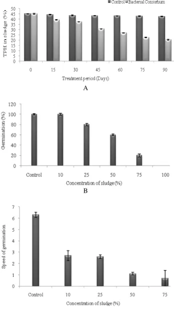 Figure  1  - Treatment of petroleum sludge and its  effect  on  the  growth  of  Vigna   unguiculata  (vertical  bars  indicate  standard  deviation)