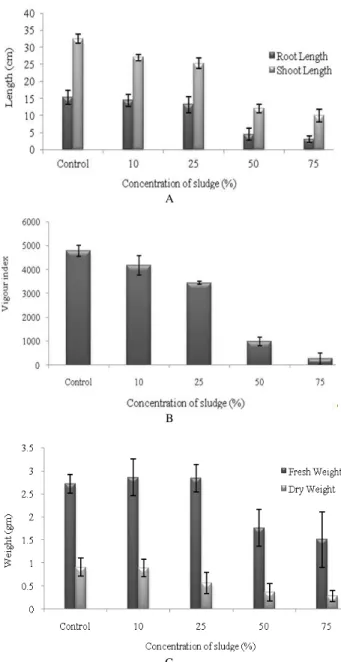 Figure  2  -  Effect  of  treated  petroleum  sludge  on  seedling  growth  of  Vigna  unguiculata  (vertical bars indicate standard deviation)