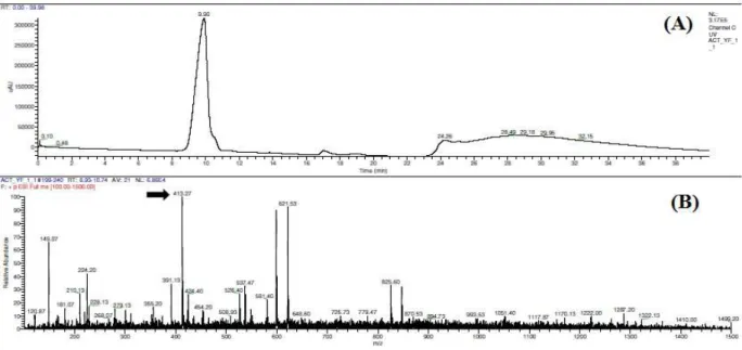Figure 6 - HPLC and ESI-MS (A) HPLC chromatogram of TLC purified yellow fraction showing a  major peak eluting at time 9.90 min (B) ESI- MS of HPLC fraction collected at time 9.90  min