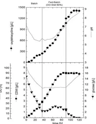 Figure  4  -  Cell  growth,  OTC  production,  glucose  consumption  and  changes  in  DO  and  pH  profiles  during  fed-batch  cultivation  of  S