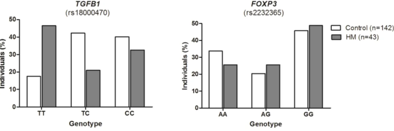 Figure 2  – Distribution of TGFB1 and FOXP3 genotypes in HM patients and control individuals