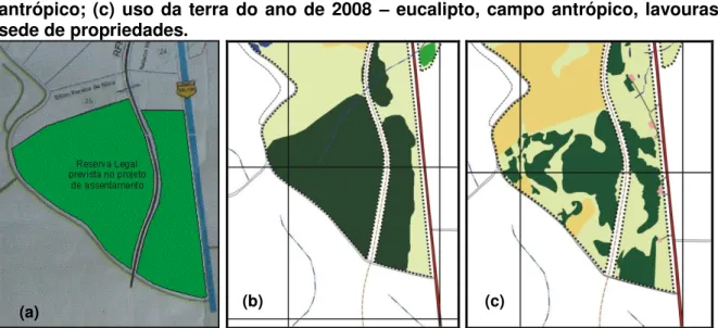 Figura  7:  (a)  Delimitação  da  área  de  Reserva  Legal  que  consta  no  projeto  do  assentamento Alvorada (INCRA); (b) uso da terra no ano de 1993  –  eucalipto e campo  antrópico;  (c)  uso  da  terra  do  ano  de  2008  –   eucalipto,  campo  antró