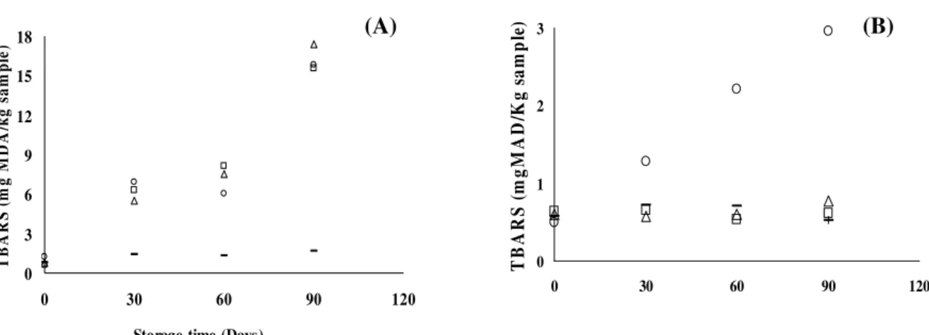 Figure  2  -  (A)  Cholesterol  and  cholesterol  oxides  standards  (chromatogram  at  206  nm)  and  (B)  Cholesterol  and  cholesterol  oxides  in  hamburger  without  antioxidant  (control  group)  after 90 days storage (chromatogram at 206nm)