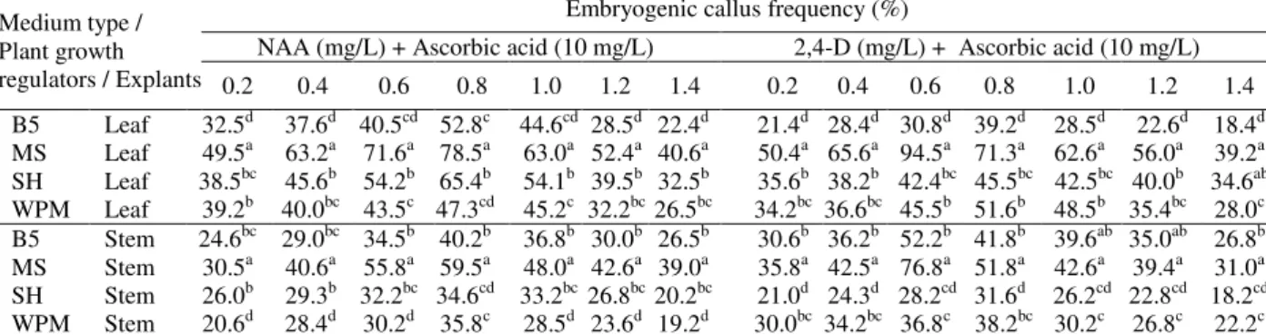 Table  1  -  Embryogenic  callus  induction  from  leaf  and  stem  explants  of  Phyla  nodiflora  on  B5,  MS,  SH,  WPM  medium supplemented with 2,4-D and NAA, after 25 days