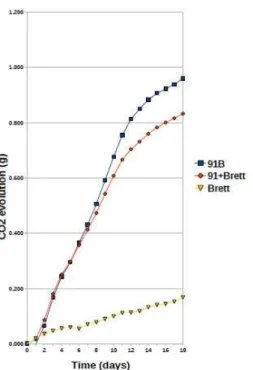 Figure  3  -  Yeast  activity  of  Sacch.  cerevisiae  91B/84  and  Br.  custersianus  measured  by  CO 2
