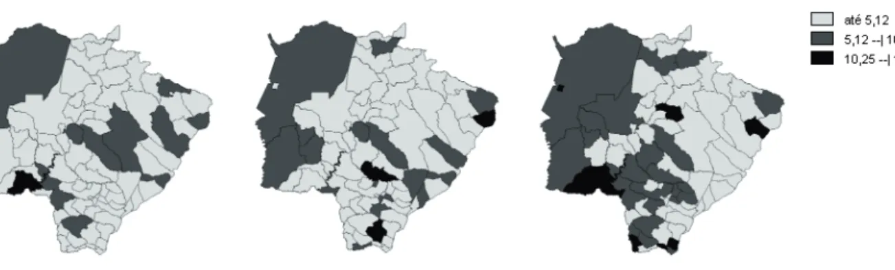 Figura 4. Distribuição espacial das taxas de mortalidade específicas por câncer do colo do útero por 100.000 mulheres, por município e  por década