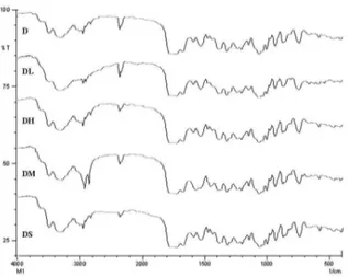 Figure  6  -  FT-IR  Spectra  of  Pure  Cefurixime  axetil  (D),  Solid  Admixture  of  CA  with  lactose  (DL), CA with HPMC (DH), CA with Magnesium Stearate (DM) and CA with SLS  (DS)