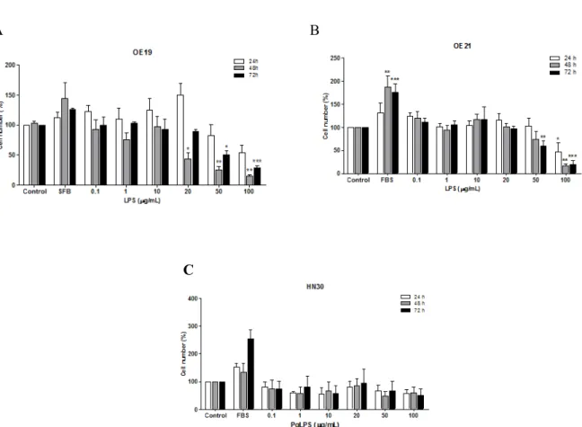 Figure 2-Cell proliferation of OE19 (A), OE21 (B) and HN30 (C) cell lines after 24, 48 and 72 h of treatment with  LPS and PgLPS by cell count assay.The experiments were carried out at least five times in triplicate