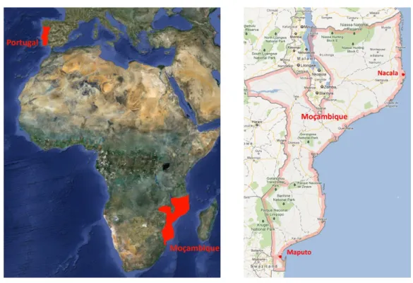 Figura 1.1: Localização geográfica de Moçambique em África e de Nacala em Moçambique. 