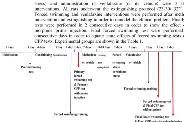 Figure 1 - Experimental design. The conditioned place preference paradigm, forced swimming test, steps of experiments and  protocols has been demonstrated