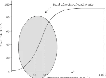 Figure 3 - Hypothetical model of action of coadjuvant products on the performance of ethephon, in the process of floral differentiation of pineapple.
