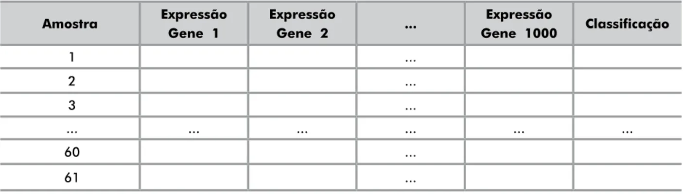 Tabela 1. Visão geral da base NCI60 reduzida utilizada nos experimentos de Ooi e Tan 16 Amostra Expressão Gene  1 ExpressãoGene  2 ..