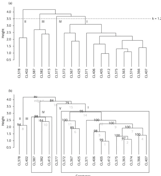 Table 3. Euclidean distance clustering (Tocher) for 18 experimental  clones Cluster Genotypes 1 363, 366, 374, 375, 405, 406, 407, 412 2 367, 372, 425 3 378, 402 4 382, 415 5 387 6 377 7 371