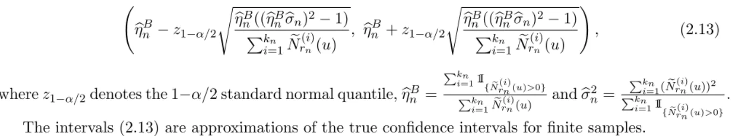 Table 1: Bias and root mean squared error (RMSE), in brackets, of the estimator b η B n (u) (first line) and the 95% confidence intervals based on the asymptotic Normal approximation for the blocks estimates (2.13) (second line), for an MM process with θ =