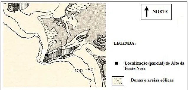 Figura 9 – Fragmento da Carta Geomorfológica (adaptado de Vanney e Mougenot, 1981, in Soares,  1992, p.33) e indicação das areias eólicas na península de Setúbal