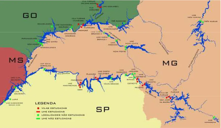 FIGURA 01: Localização das vilas e UHE’s – Bacia dos rios Grande e Paranaíba nas regiões do Triângulo e Sudoeste Mineiro