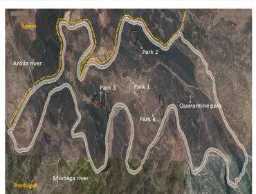 Figure 1: Aerial photo of the unit. The five parks and both rivers that delimit  the unit are indicated by white arrows