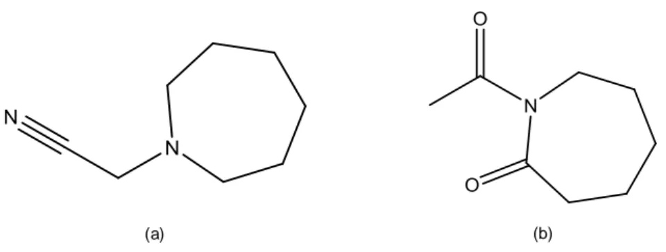 Fig. 1.2 – Fórmulas estruturais de (a) hexametileneiminoacetonitrilo e (b) N-acetilcaprolactam