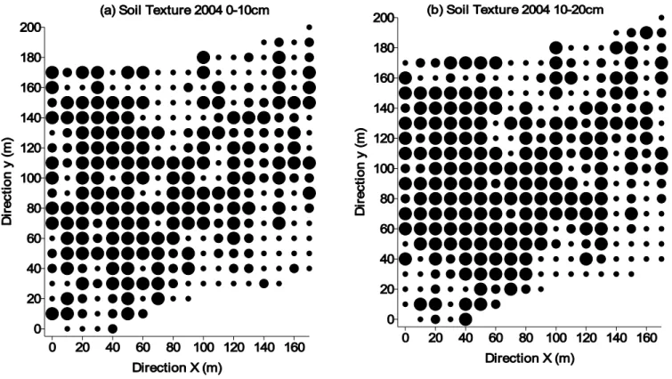 Figure 2.  Sampling lay out for the 3.42 ha field with texture at 0-10cm (a) and 10-20cm (b) sampled in 2004.
