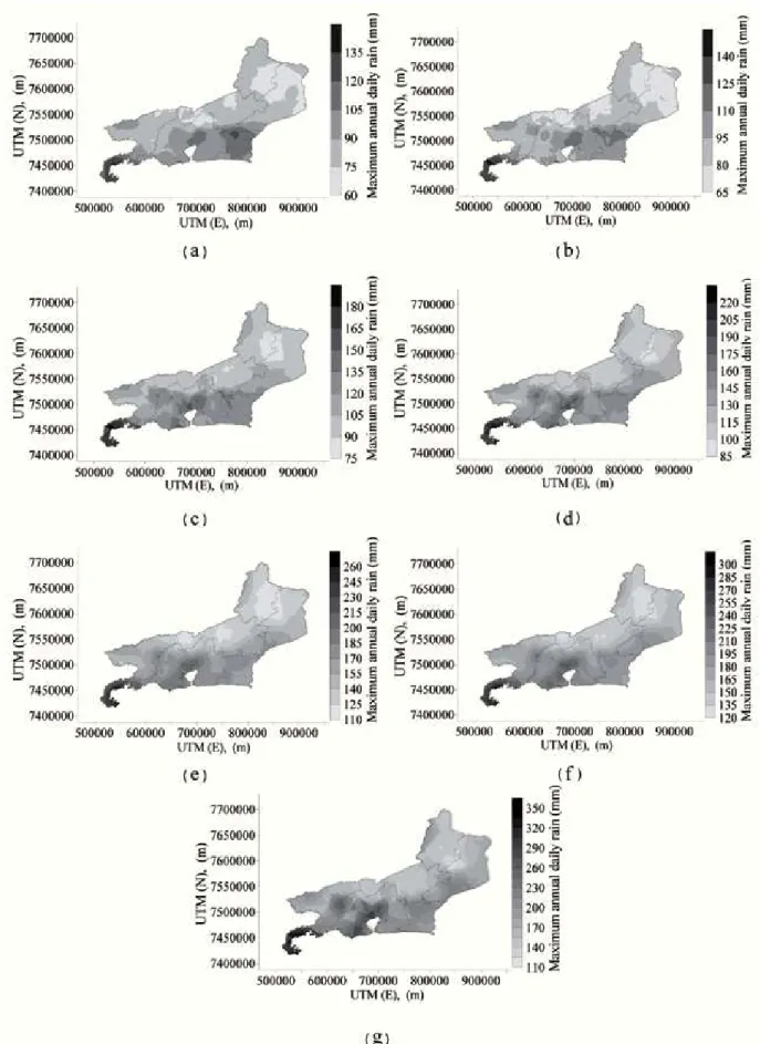 Figure 3. Maps of maximum annual daily rain (mm day -1 ) (a) and associated to different periods of return: 2 (b), 5 (c), 10 (d), 25  (e), 50 (f) e 100 (g) years.
