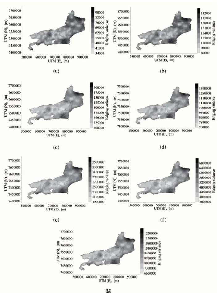 Figure 4. Kriging Variance maps of maximum annual daily average rain (a), and at different periods of return: 2 (b), 5 (c), 10 (d),  25 (e), 50 (f) e 100 (g) years.