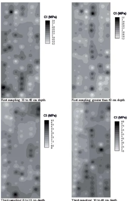 Figure 2. Cone index isoline maps for different depths and samplings obtained by inverse distances interpolation.