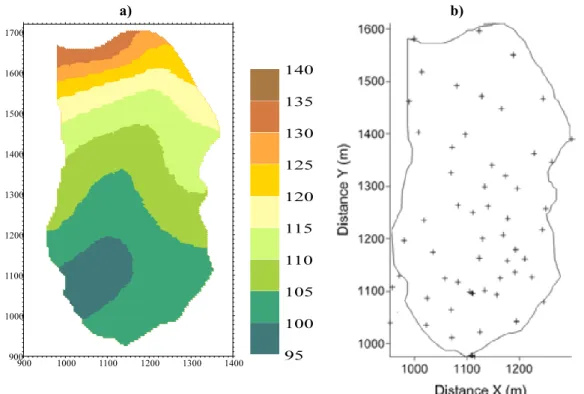 Figure 1. Elevation map (a) and location of soil sampling points (b).