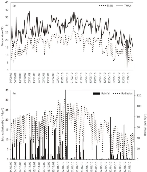 Figure 1. Daily values of minimum (Tmin) and maximum (Tmax) air temperature (a), rainfall and solar radiation (b) during the growing  season (dd/mm/yy) from planting to harvest