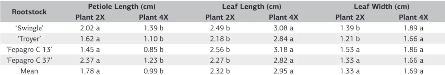 Table 3. Comparison between diploid and tetraploid plants of citrus rootstocks on the petiole length and length and width of the leaf