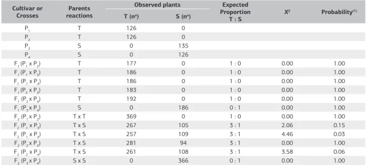 Table 3. Reactions to aluminum toxicity (6 mg L –1 ) in nutrient solutions of the parents P 1 , P 2 , P 3  and IAC-5 (P 4 ) and the generations F 1 ,  F 2 , expressed in numbers of tolerant plants (T) and sensitive plants (S) to the aluminum toxicity