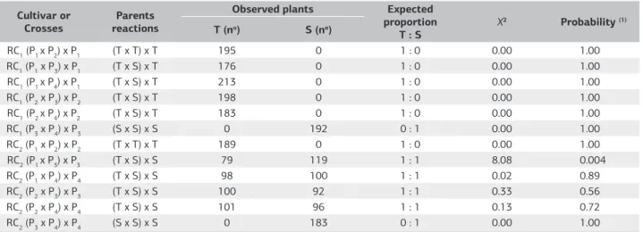 Table 4. Reactions to the aluminum toxicity (6mg L –1 ) in nutrient solutions of backcrosses (RC 1 ’s) and (RC 2 ’s), expressed in number of  tolerant plants (T) and number of sensitive plants (S) to the aluminum toxicity