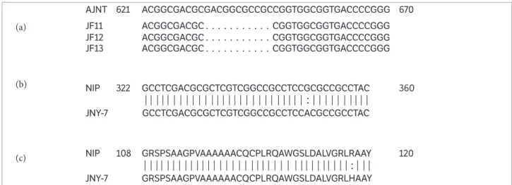 Figure 3. DNA or amino sequence alignment of G1 in the research materials. (a) DNA sequence alignment of G1 between AJNT and the 3  mutants