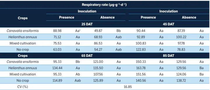 table 1. Respiratory rate of soil with sulfentrazone cultivated with the phytoremediator species Canavalia ensiformis and Helianthus annuus  in monoculture or mixed cultivation, in the absence or presence of bacterial consortium.