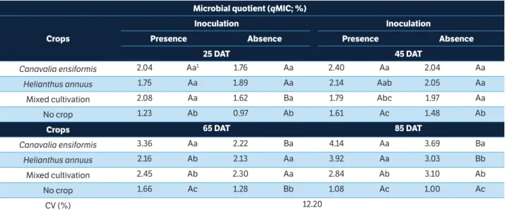 table 4. Microbial quotient of soil with sulfentrazone cultivated with phytoremediator species, in monoculture or mixed cultivation, and in  the presence or absence of a bacterial consortium.