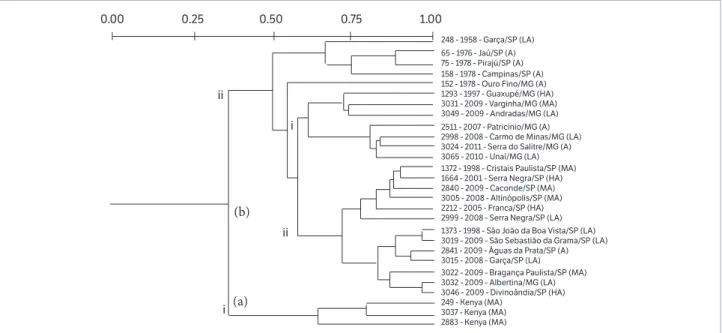 Figure 5. Genetic diversity of Pseudomonas syringae pv. garcae strains. Dendrogram generated according to the fingerprint of the strains  using the primers ERIC-PCR and REP-PCR, based on the UPGMA method, using Jaccard similarity coefficient (S J ).