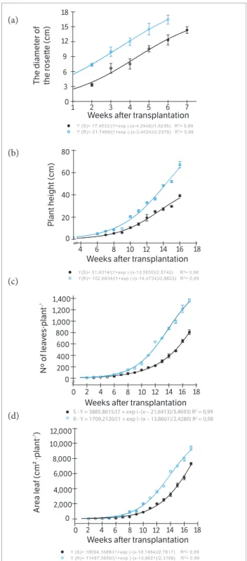 Figure 1. Development of plants biotypes of Conyza bonariensis,  susceptible (○) and resistant ( ) to glyphosate, weeks after  transplantation: (a) Diameter of the rosette; (b) Plant height; (c)  Number of leaves; (d) Leaf area