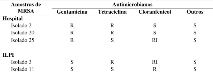 Tabela  10:  Perfil  de  susceptibilidade  aos  antimicrobianos  de  amostras  de  Staphylococcus  aureus  resistentes  à  meticilina  (MRSA)  caracterizadas  como  de  “Community-associated”-  MRSA  (CA-MRSA)  isoladas  de  úlceras  por  pressão  de  paci