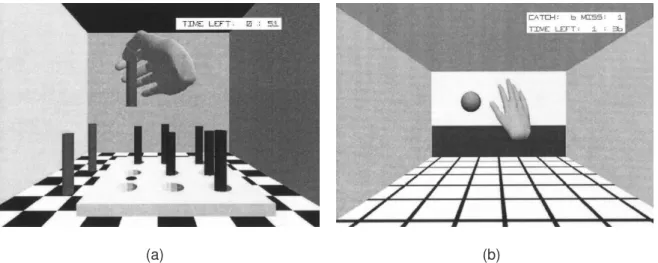 Figura 2.7: Exercícios: (a) Peg board. (b) Arremesso/captura de bola [Popescu et al.